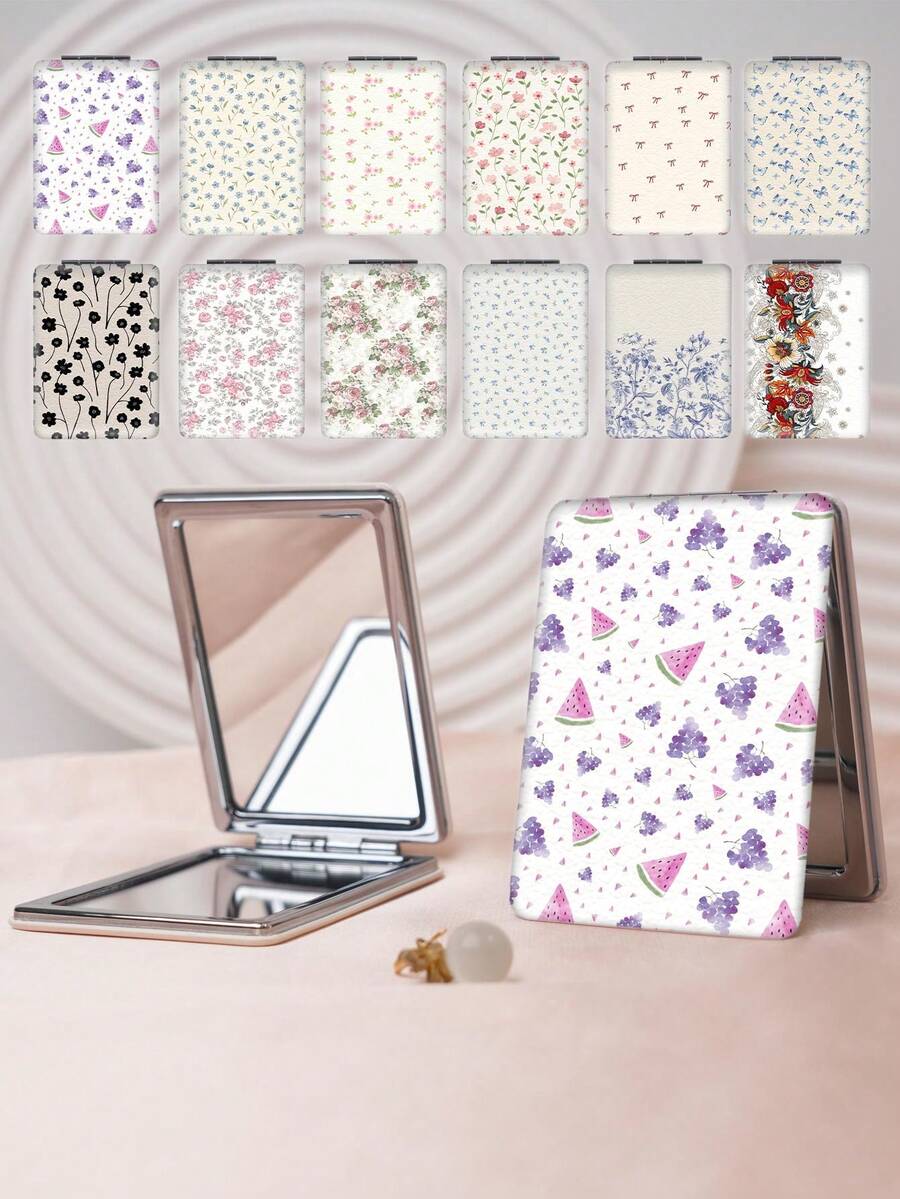 1 pieza Espejo de mano plegable de estilo campestre, espejo de vanidad portátil y ligero, de cuero de PU duradero, adecuado para todas las ocasiones y personas, espejo de bolsillo plegable cuadrado - Multicolor - Ver 1