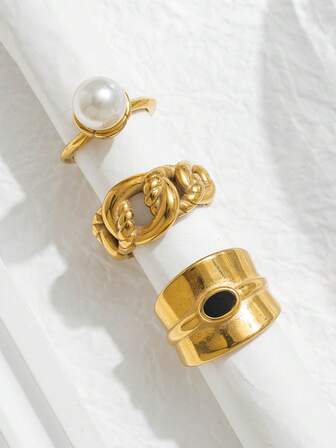 1 pieza Anillo de cadena de moneda vintage chapado en oro de 18K / Anillo de banda ancha con cristal negro / Anillo de perla, adecuado para uso diario, fiestas, bodas, vacaciones, días festivos, como regalo para mujeres