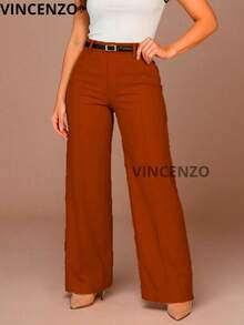 Women's Tailored Trousers, Wide Leg, High Waist, With Belt, Casual, Elegant - 紅陶 - 查看 3