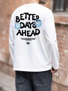 男士休闲街头艺术印花圆领长袖 T 恤，日常穿着 - 白色 - 查看 2