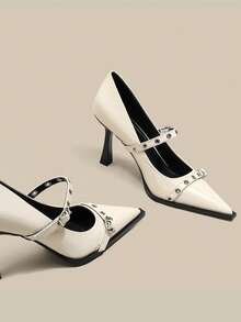商务优雅通勤搭扣尖头高跟鞋 - 米色 - 查看 5