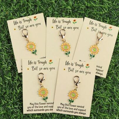 1个/5个向日葵钥匙扣套装，DIY乡村卡通合金水滴油仿迷你植物袋挂件，简约个性化礼物，派对装饰挂件，创意钥匙扣。附赠精美贺卡，是送给朋友、老师和同事的理想礼物。