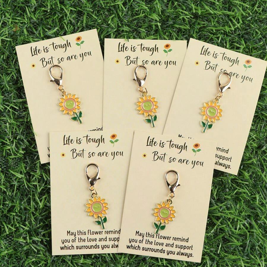 1个/5个向日葵钥匙扣套装，DIY乡村卡通合金水滴油仿迷你植物袋挂件，简约个性化礼物，派对装饰挂件，创意钥匙扣。附赠精美贺卡，是送给朋友、老师和同事的理想礼物。 - 彩色 - 查看 1