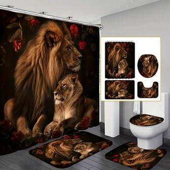 1개/4개 70.8"X70.8" 사자 프린트 샤워 커튼 세트, 현대적인 욕실 장식 욕실 매트 및 변기 커버, 샤워 커튼 후크 12개 포함