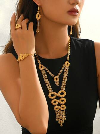 5件套奢华新娘首饰套装：项链、耳环、戒指、手链，合金材质组合，适合婚礼、派对、宴会等场合佩戴。