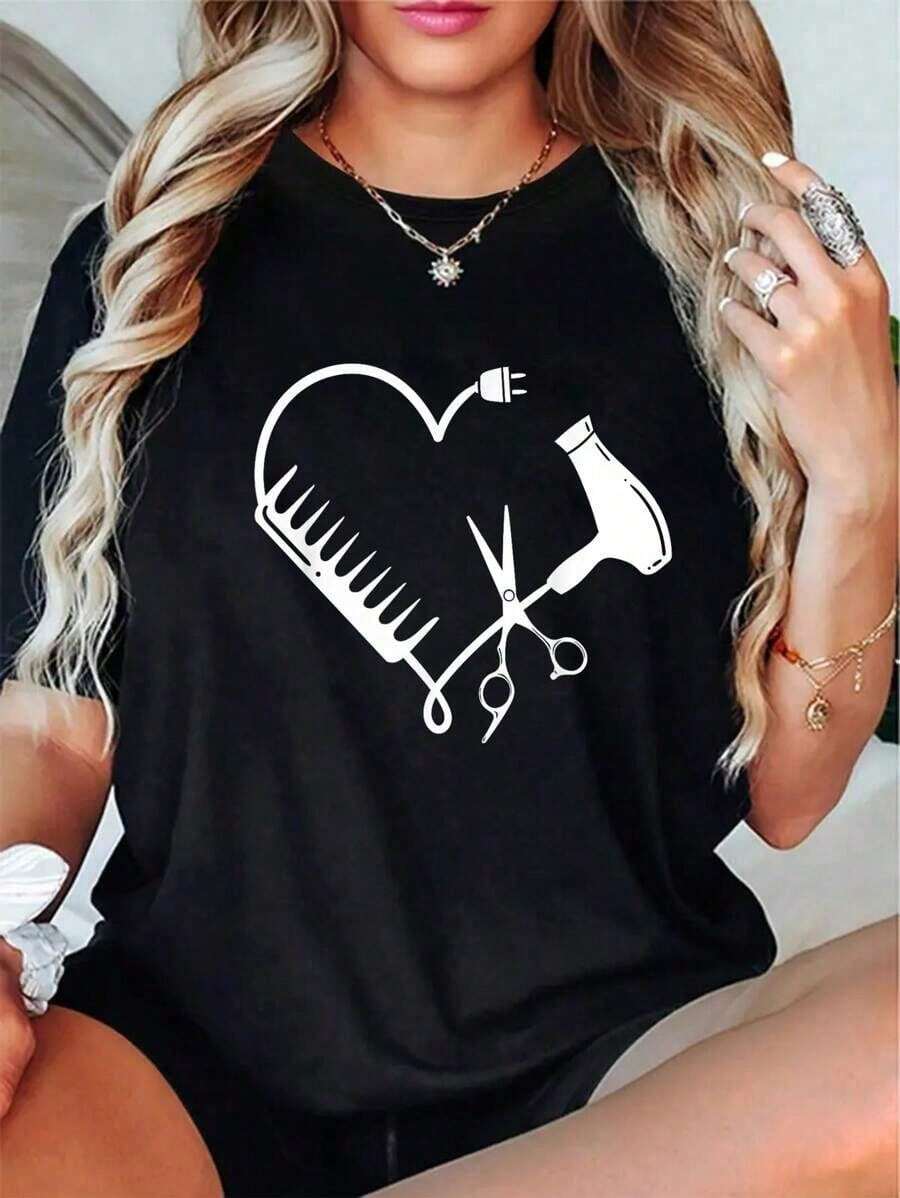 Plus Size Women's T-ShirtBlackShort Sleeve Round Neck Tee With Vibrant Digital Print,Machine Washable Regular Fit For Casual Attire - 黑色 - 查看 1