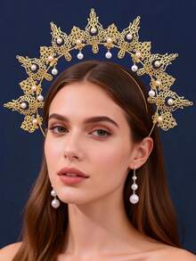 巴洛克圣母玛利亚光环皇冠头饰，手工仿珍珠头饰，夸张设计，适合化装舞会、表演、派对、复古发饰、情人节服装 - 彩色 - 查看 3