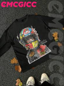 EMCGICC Y2k Long Sleeve Shirt, Urban Art Punk Graphic T-Shirt Cotton 250g, Preppy Lettering Fashion Hip Hop Men's Long Sleeve T-Shirt, Fun Vintage Shirt, Regular Fit, Wild Bloom Street Style, Digital Print, Ideal Gift - màu đen - Xem 2