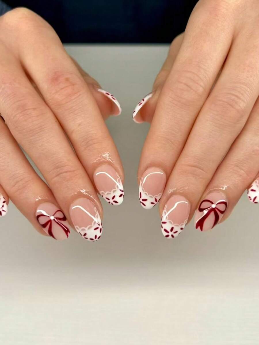 24片椭圆形可爱蝴蝶结蕾丝法式美甲贴纸，花卉美甲设计，白色法式贴片，短款完美贴合，亚克力假指甲套装，包含：1片果冻胶和1个指甲锉，法式美甲适合女性和女孩日常、派对、情人节和其他场合。 - 彩色 - 查看 1