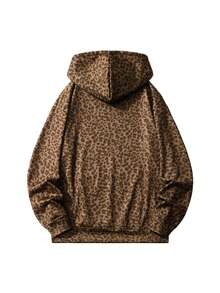 Men's Leopard Print Hooded Pullover Sweatshirt, Casual Loose Fit Knit Top With Design Details, Suitable For Spring And Autumn - Coffee Brown - View 2