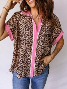 Acelitt Camisa casual de mujer con estampado de leopardo colorido y rayas de contraste de manga corta, para vacaciones de verano - Multicolor - Ver 4