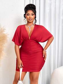 Voworia Curve-Enhancing Red Deep V-Neck Short Sleeve Ruched Bodycon Mini Dress Plus Size Elegant Summer - Red - View 6