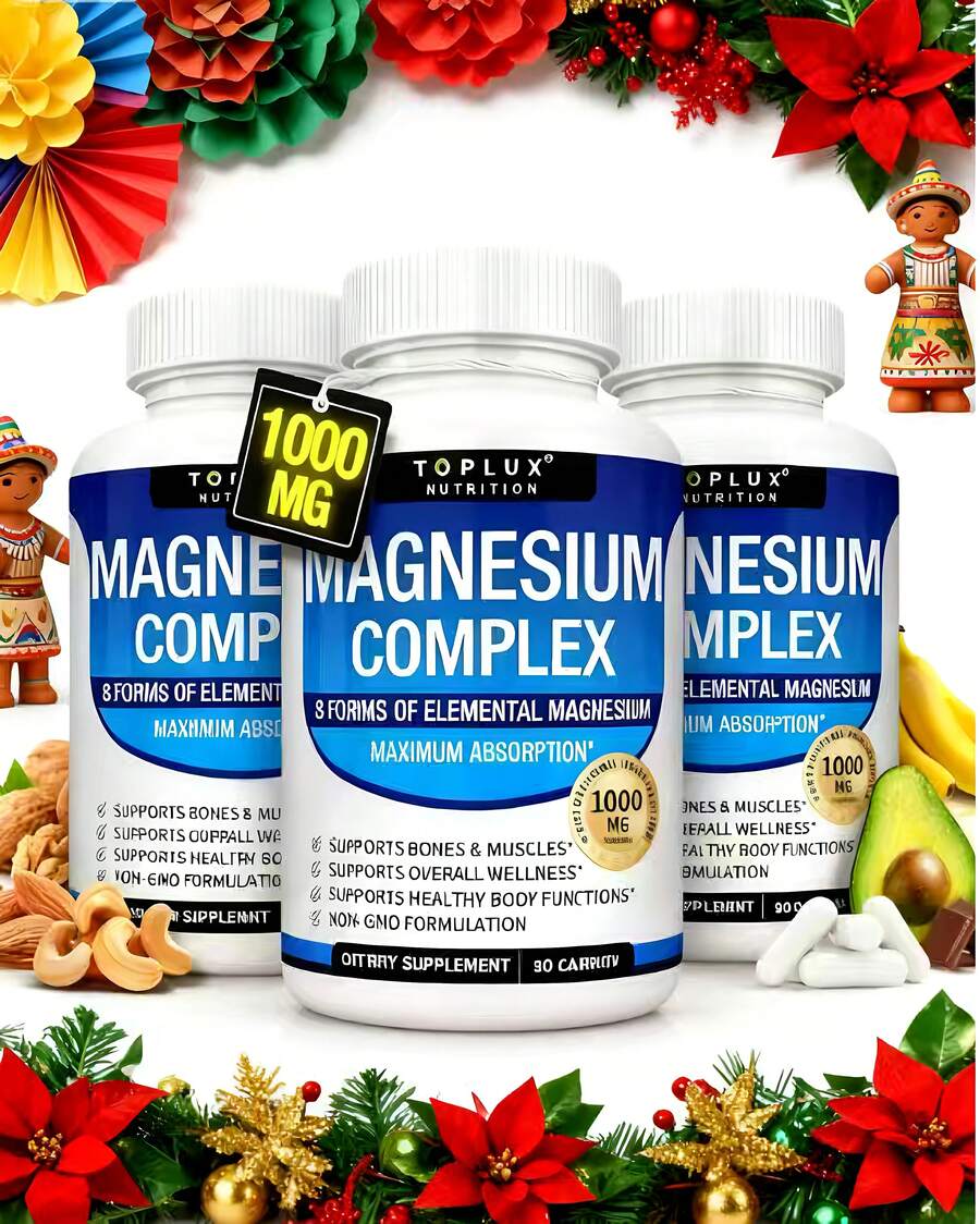 URO 3PCS Suplemento Complejo De Magnesio 8 Elemental 1000mg - Glicinato, Citrato, Malato, Taurato De Magnesio, Quelatado Para Fácil Absorción Para Huesos, Músculos, Recuperación, Energía, 90 Cápsulas