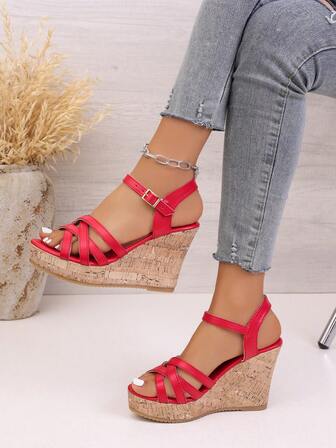 Sandalias de cuña de estilo bohemio con hebilla y tiras cruzadas de unicolor para mujer, ideales para vacaciones y actividades al aire libre