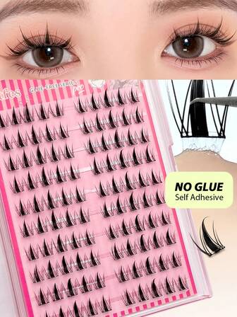 Asiteo 100개 C컬 자가 점착 클러스터 가짜 속눈썹, 접착제 불필요, DIY 개별 속눈썹 연장, 자연스럽고 부드러운 애니메이션 스타일, 분할된 인조 속눈썹, 매일 사용