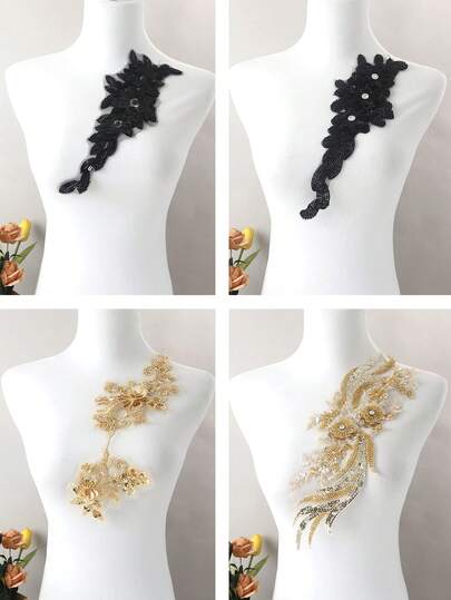 1pc/Pack, 4 Styles Available: Lace Embroidery, Beaded, Crystal Sequin, Mesh Fabric Applique Patches, DIY Clothing Accessories, Performance Costume Decor, Length: 25-38CM, Width: 9-14CM