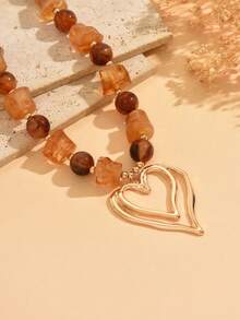 1件手工串珠粗链项链，不对称镂空心形吊坠树脂CCB装饰项链，复古风格女士首饰，适合日常佩戴、外出、摄影、派对等场合。 - 彩色 - 查看 3