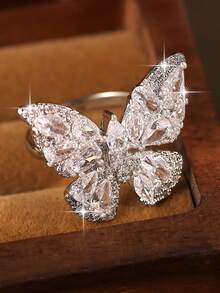 1pc Funky Butterfly Shape Full Inlay CZ Single Rings Versatile Shining Cubic Zirconia Women Ring Suitable For Daily Commute Festival Gift Copper Jewelry - Butterfly - View 7