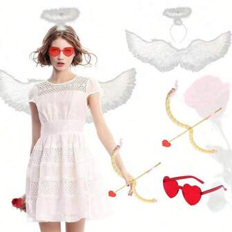 Cupid Costume Set With Angel Wings Bow Arrow Headband And Glasses Valentine Costume Accessories For Wedding Birthday Performance Supplies