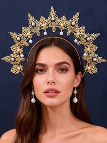 巴洛克圣母玛利亚光环皇冠头饰，手工仿珍珠头饰，夸张设计，适合化装舞会、表演、派对、复古发饰、情人节服装 - 彩色 - 查看 2