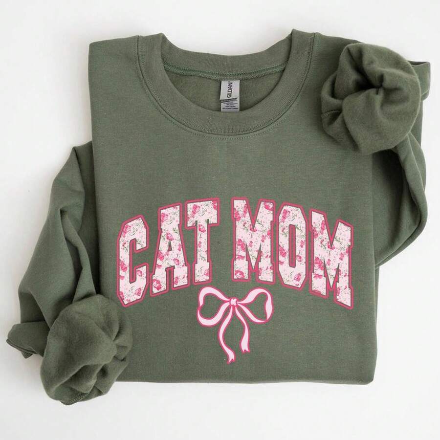 TaggedThreads Cat Mom Sweater, Coquette, Pink Bows, , Girly, Soft Girl Era Sweatshirt, Women's Crew Neck, Crewneck, Cozy Fall & Winter Styles Long Sleeve Tops - Unisex Women's & Men's Campus Daily Wear - 綠色 - 查看 1