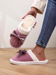 Women's Bow-Knot Plush Warm Slippers, Comfortable Indoor Anti-Slip Bedroom Slippers For Hardwood Floors, Suitable For Autumn/Winter - Lilac Purple - View 3