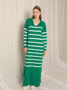 Women's Casual Long Knitted Sweater Dress V Neck Drop Shoulder Rib-Knit Striped Medium Stretch Pullover - Green - View 4