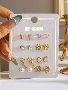 8对甜美百搭时尚花朵蝴蝶水滴形仿珍珠和水钻装饰金属色耳钉套装，适合女孩儿童派对、假期、圣诞节、新年、生日礼物及日常佩戴 - 金色 - 查看 6