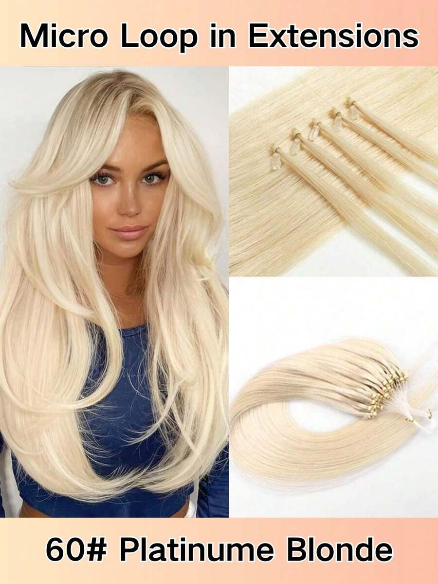 Micro Link Hair Extensions Human Hair Platinum Blonde Color 18 Inch Micro Ring Human Hair Extension #60 Blonde 0.5g/Strand Beads Hair Extensions 30g Micro Loop Human Hair Extensions - S60 - 查看 1