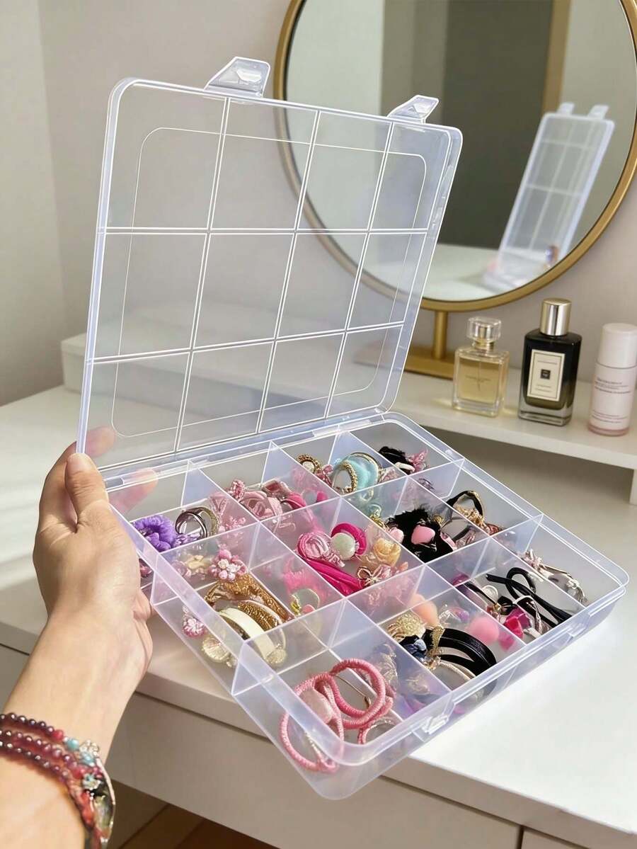 12-Compartment Transparent Plastic Storage Box With Cover, Girls Hair Accessories Organizer, Hair Clips And Elastic Bands Holder, Jewelry And Small Decorations Container - Multicolor - View 1