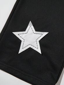 1pc Boys' Casual Street Vintage "Give Me Five" & Pentagram Embroidered Straight Leg Pants, Spring/Summer - Black - View 5