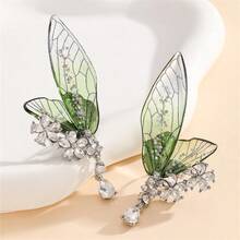Diamond Winged Flower Tassel Ear Clip Super Fairy Forest Small Fresh Earrings Without Ear Piercing Earrings Versatile High-End Earrings - màu xanh lá - Xem 3