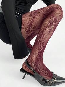 Vớ lưới màu đỏ rượu vang gợi cảm mới, chất liệu ren co giãn cao, đa năng, phù hợp cho các bữa tiệc cocktail, công sở và trang phục thường ngày. - Màu Đỏ Sâu - Xem 2