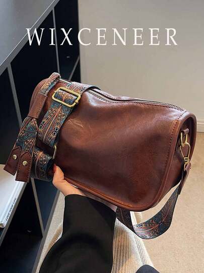 图案拉链斜挎包，时尚复古宽肩带单肩包，大容量日常钱包，送给妈妈的母亲节礼物 图案拉链斜挎包，时尚宽肩带单肩包，大容量日常钱包，复古风包