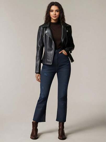  1pc Women's Plain Zip-Up PU Leather Jacket With Stand Collar, Long Sleeve Casual Black