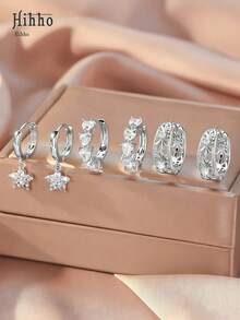 Hihho 6 件优雅花朵方晶锆石吊坠耳环套装，包括镂空花朵环状耳环，是女性时尚珠宝礼物，适合日常佩戴和节日 - 金黃色 - 查看 2
