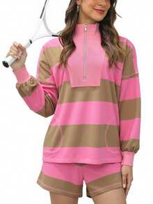 Women's Striped Tracksuit Set, Oversized Two Piece Workout Outfit With Pockets, Lounge Shorts And Top Set | Casual Streetwear, Gym Yoga Fashion - 粉色 - 查看 2