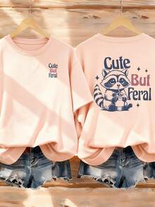 1pc Girls Casual Raccoon Drinking Water Print Round Neck Short Sleeve T-Shirt, Summer Student Young Children Clothing - The T-Shirt With Raccoon Drinking Water Print Brings Joy And Happiness To Every Child! Cute But - Pink - View 1