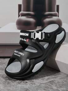 Men's Letter Contrast Color Casual Sports Commuting Outdoor Street Basic Splicing Hollow Sandals, Suitable For Beach, Vacation, Office, Gym, Outdoor, Home, Spring/Summer - Black - View 9