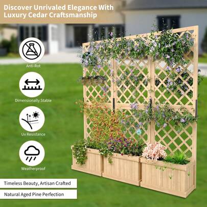Outdoor Privacy Screen With Planter Box - Wood Garden Fence Panel,  Hinged Freestanding Screens, Drain Holes, Raised Bed Kit For Backyard, Patio & Deck