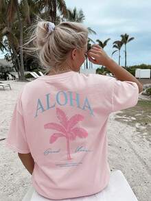 Áo thun nữ tay ngắn cổ tròn in hình cây cọ, kiểu dáng thời trang nghỉ dưỡng, thích hợp cho mùa xuân/hè. Áo thun họa tiết, màu hồng, phong cách nghỉ dưỡng. - Hồng - Xem 6