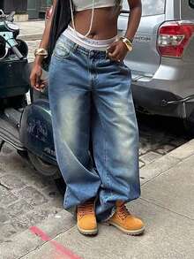 Quần jeans phong cách đường phố Mỹ dáng rộng cho bé gái tuổi teen - Màu xanh nhạt - Xem 2