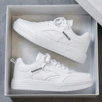 WANWEISI Zapatillas deportivas blancas clásicas para hombres - Adecuadas para exteriores, caminar, trotar y viajar. Las zapatillas casuales para hombres están diseñadas para la versatilidad diaria. Con una parte superior de PU resistente y una suela de amortiguación de MD.