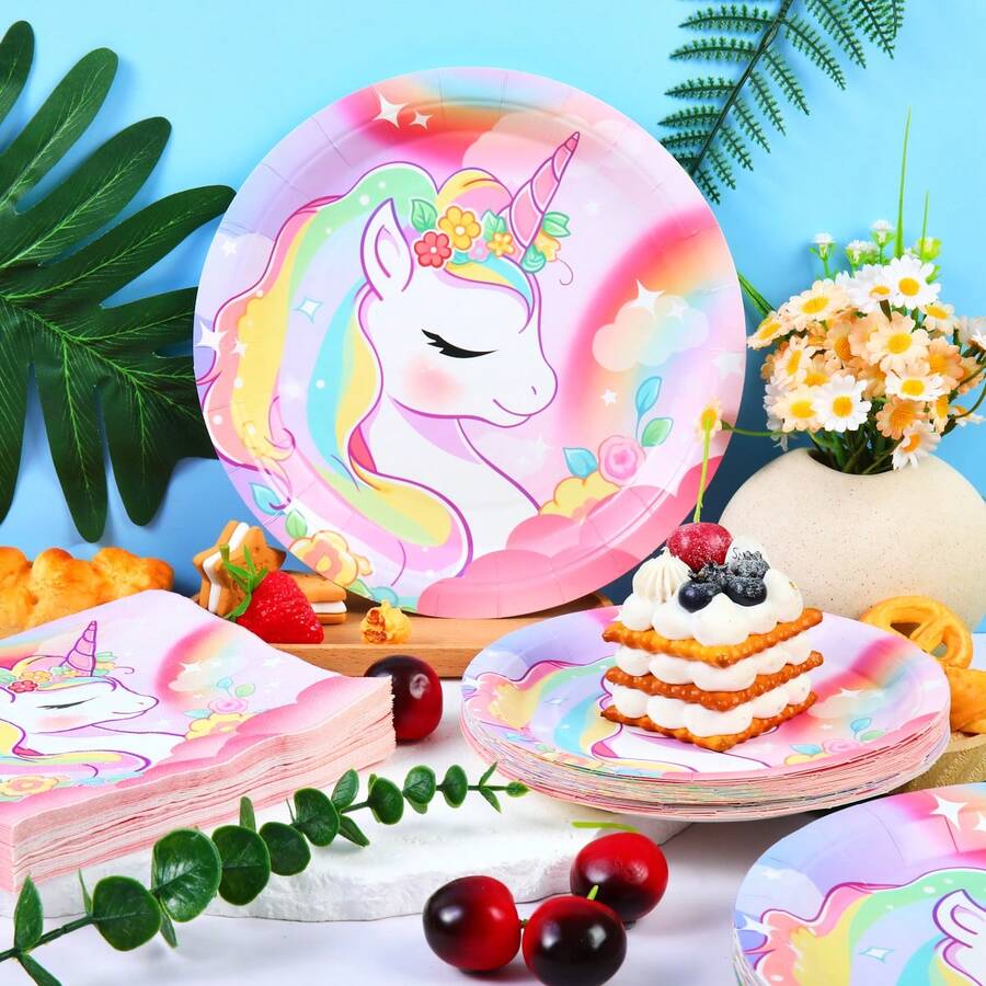 72件套彩虹独角兽生日派对用品套装,7/9英寸深蓝色和金色箔纸盘,苹果蓝金色箔纸盘、纸杯、餐巾纸,适用于生日、婚礼、派对餐具 - 彩色 - 查看 1