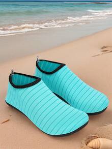 Light Blue Striped Casual Slip-On Shoes, Fresh & Minimalist Style, Lightweight & Breathable Design, Combining Comfort Of Casual Shoes And Convenience Of House Slippers, Suitable For Relaxing At Home, Pool Activities, And Short Trips, Shoes, Essential For Daily Wear - Mint Blue - View 5