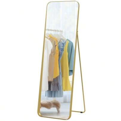 Full-Length Mirror, Freestanding, Tiltable, Metal Frame, MDF, 160 X 50 Cm, Gold-Colored