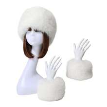 Winter Hat Wrist Warmers Women's Cozy Winter Outfit Accessories Faux Fur Hat Sleeves Set Solid Color Fluffy Hat With Warm Cuffs - 白色 - 查看 1