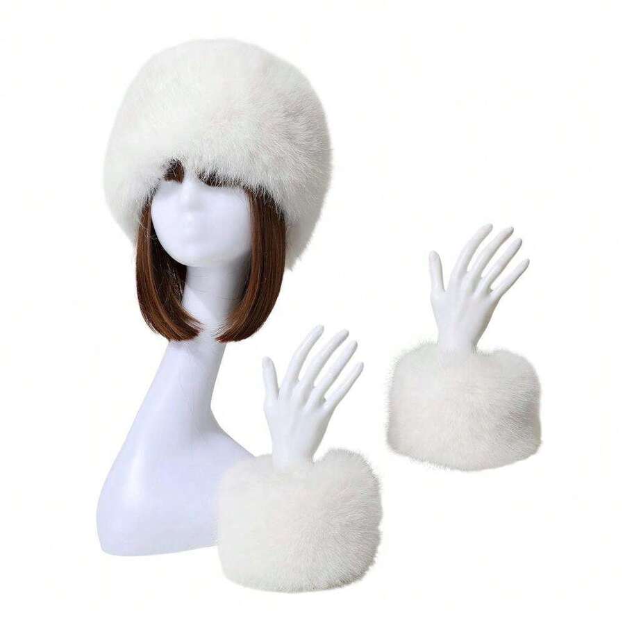 Winter Hat Wrist Warmers Women's Cozy Winter Outfit Accessories Faux Fur Hat Sleeves Set Solid Color Fluffy Hat With Warm Cuffs - 白色 - 查看 1