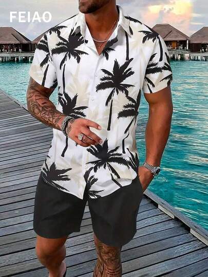 Men's Retro Vintage Coin Style Asymmetric Digital Print Short Sleeve Shirt, Lightweight, Fashionable, Casual, Versatile