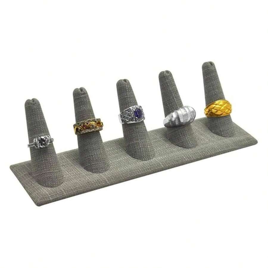 Caja de joyería de lino gris con 5 anillos para exhibición de dedos de 8x2.1x2.2 pulgadas con base cuadrada - Organizador de soporte para anillos para o uso personal - Soportes de exhibición para anillos - Multicolor 775 - Ver 1